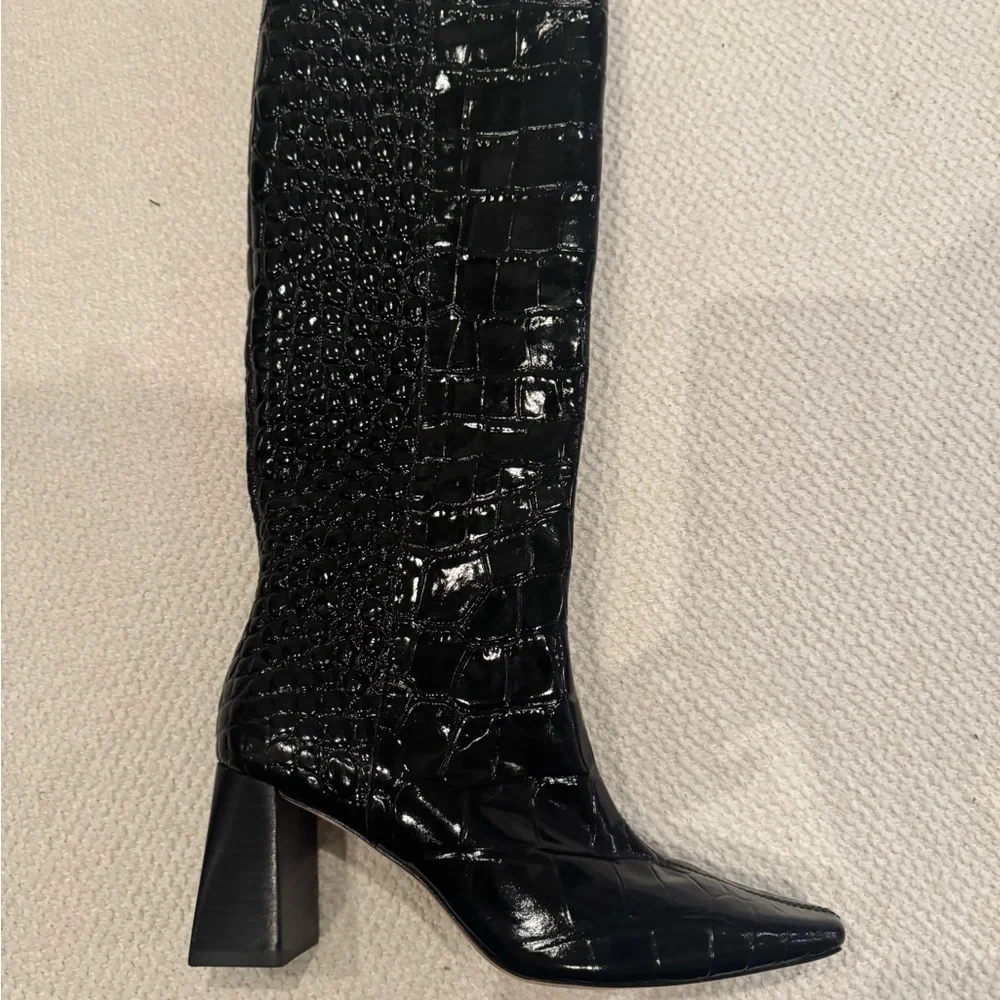 Brand New Reformation River Black Croc-Embossed Knee-High Boots